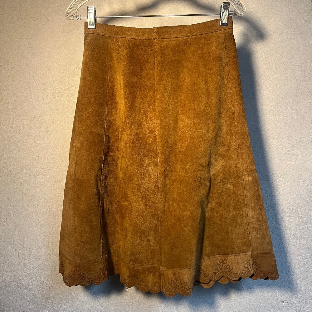 Vintage Western A-Line Cowgirl Tan Suede Skirt Embossed Hem 28" waist